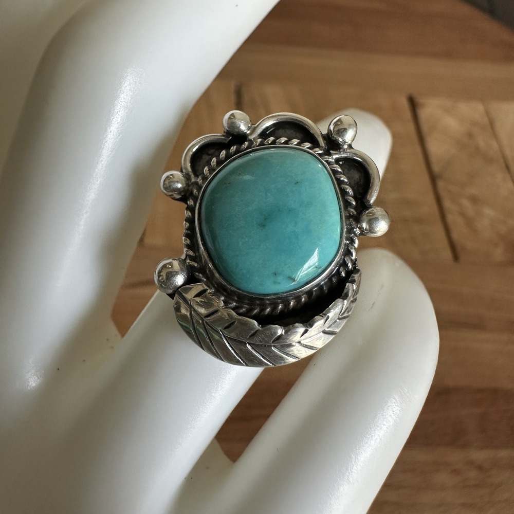 VTG Navajo Artisan Ring Size 5.25 Turquoise Leaf Flower Raindrops Sterling 7.5g